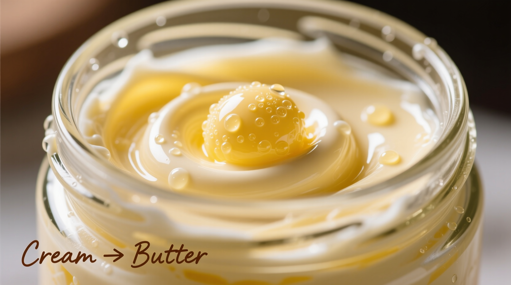 Cream transforming into butter in glass jar
