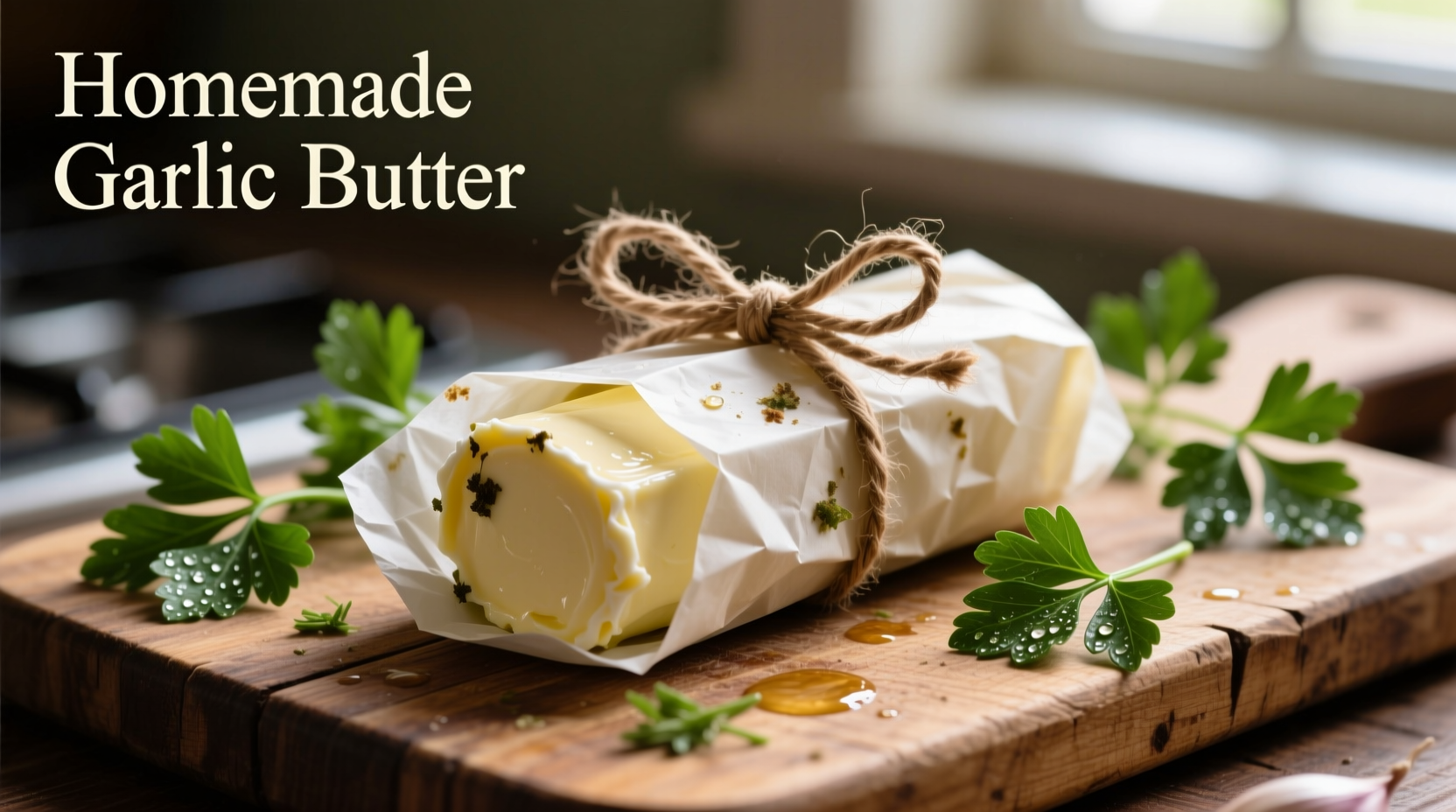Homemade garlic butter rolled in parchment paper with fresh parsley