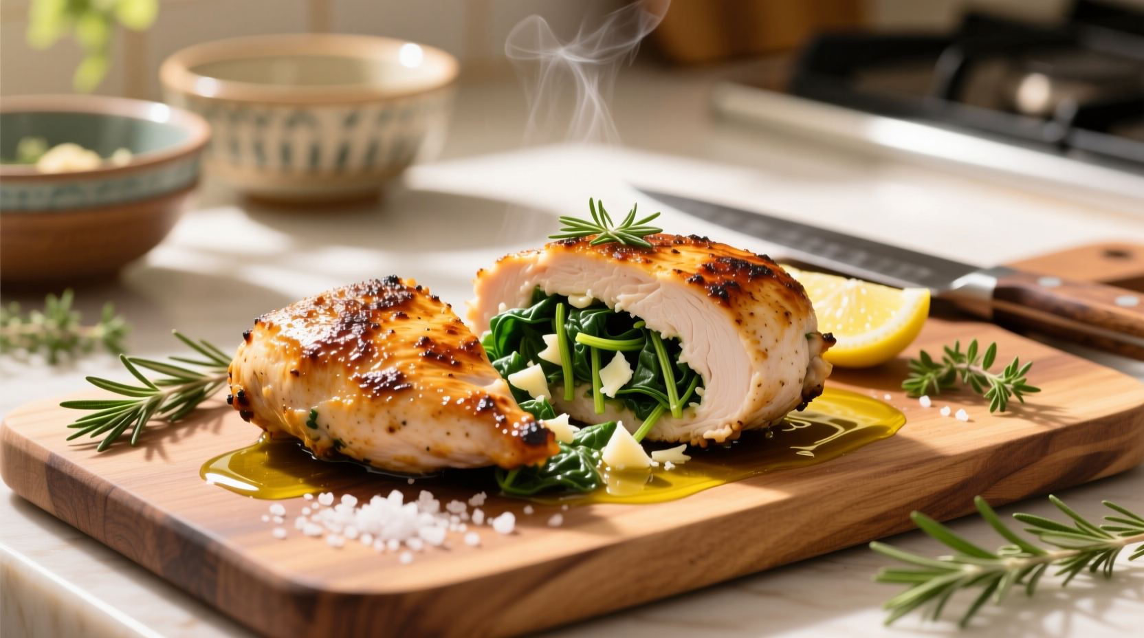 Golden brown spinach stuffed chicken breast with herbs