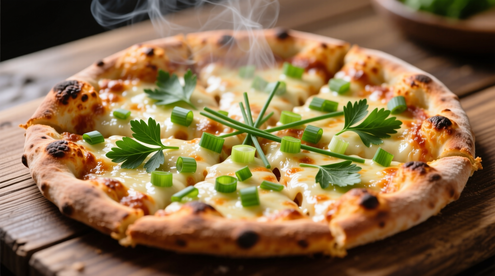Green onion pizza with melted cheese and fresh herbs
