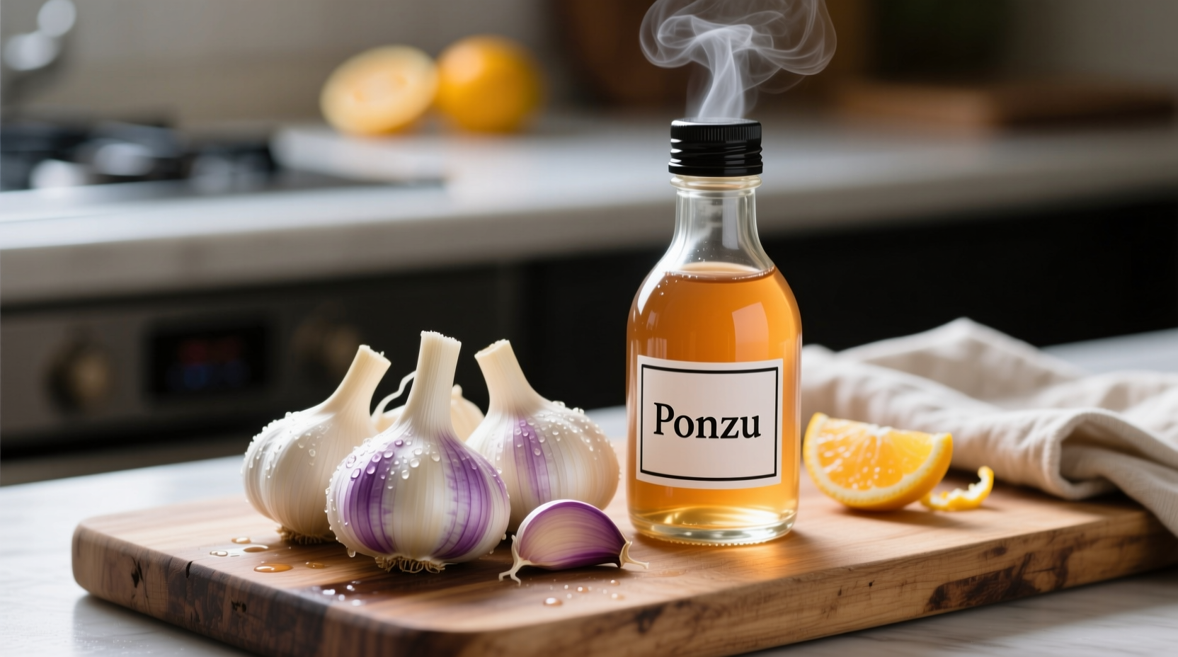 Fresh garlic cloves next to ponzu sauce bottle