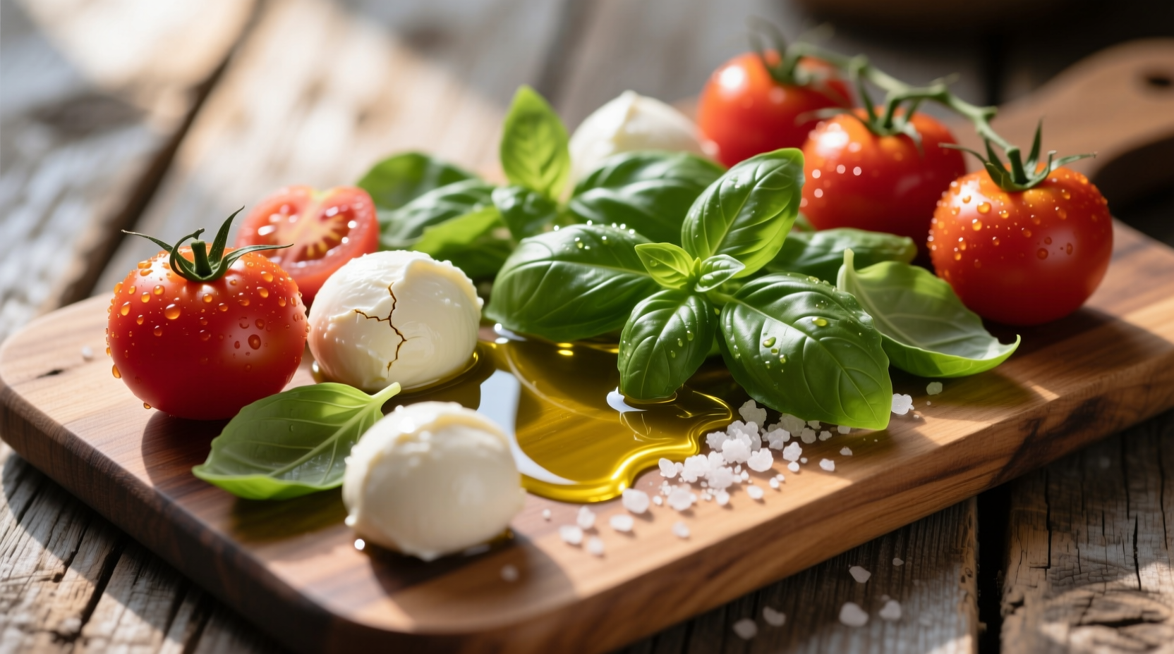 Fresh Caprese salad ingredients on wooden board