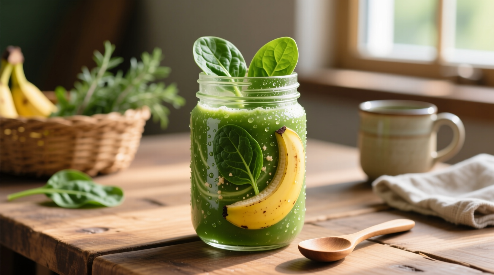Fresh spinach and banana smoothie in glass