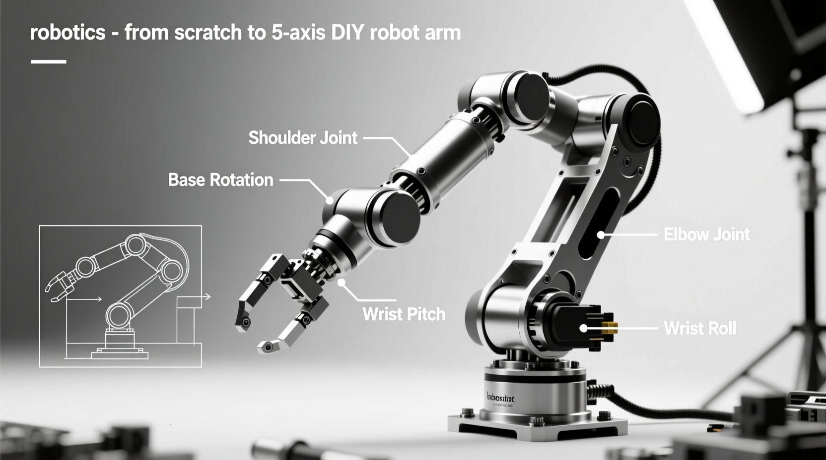 Annotated diagram showing 5-axis robot arm anatomy with labeled joints: base rotation, shoulder, elbow, wrist pitch, and wrist roll