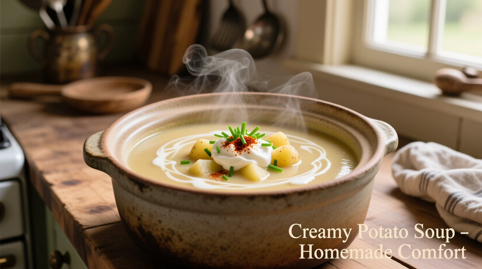 Creamy potato soup in crockpot with garnish