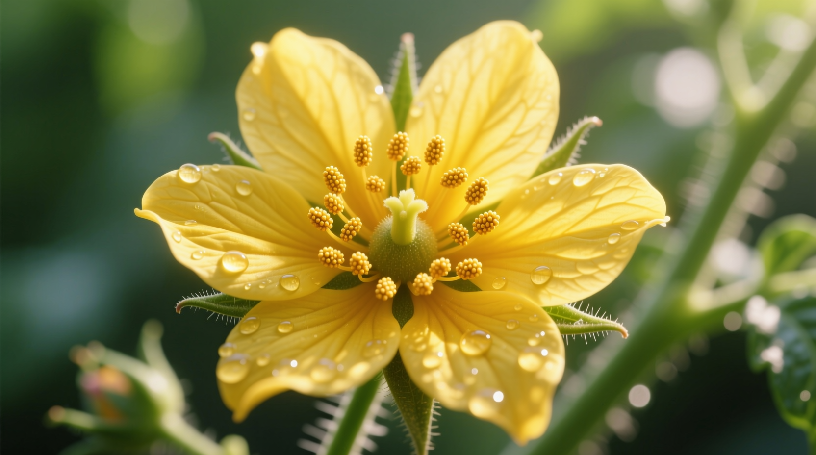 Close-up of healthy yellow tomato flower with visible pollen
