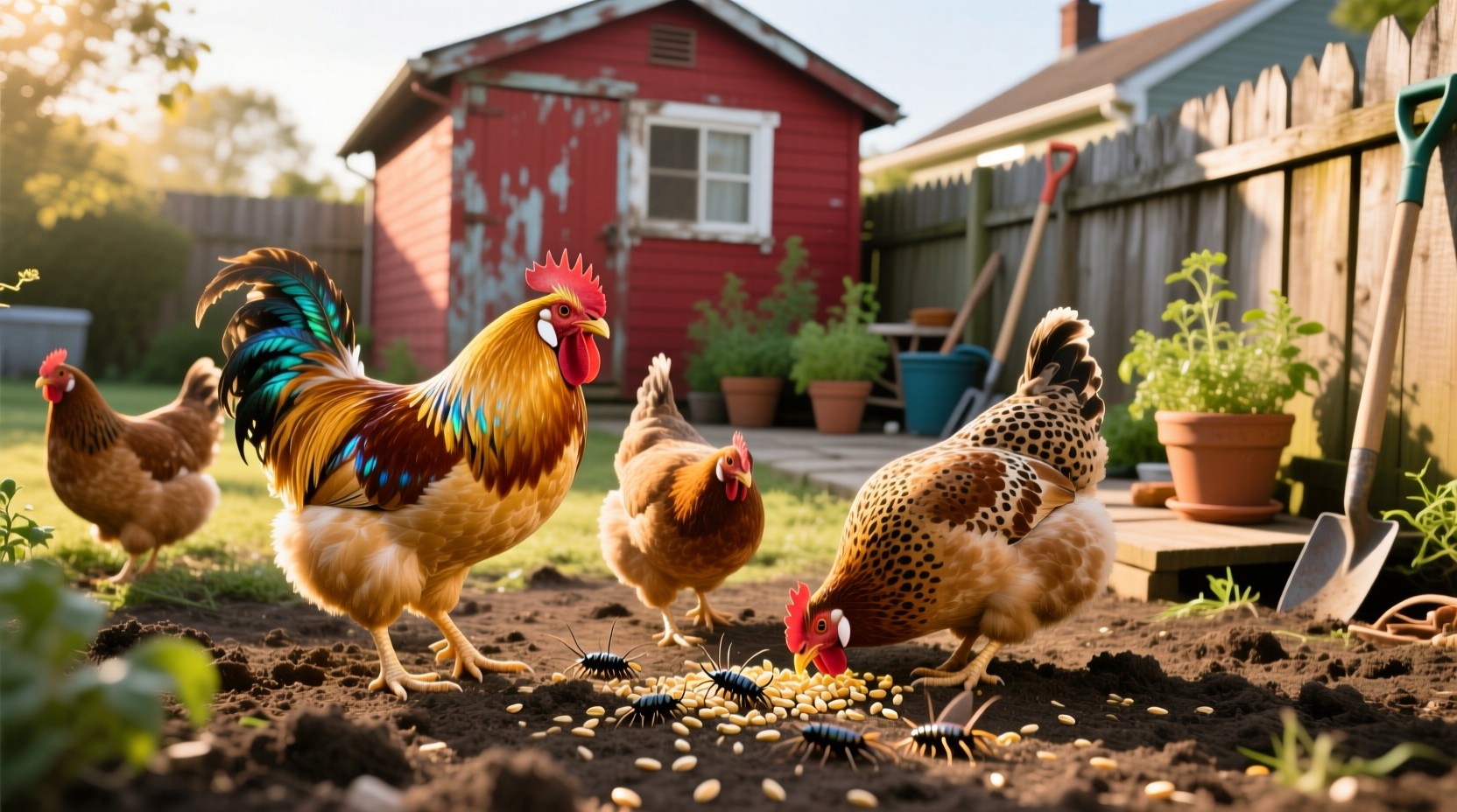 Healthy chickens foraging in a backyard