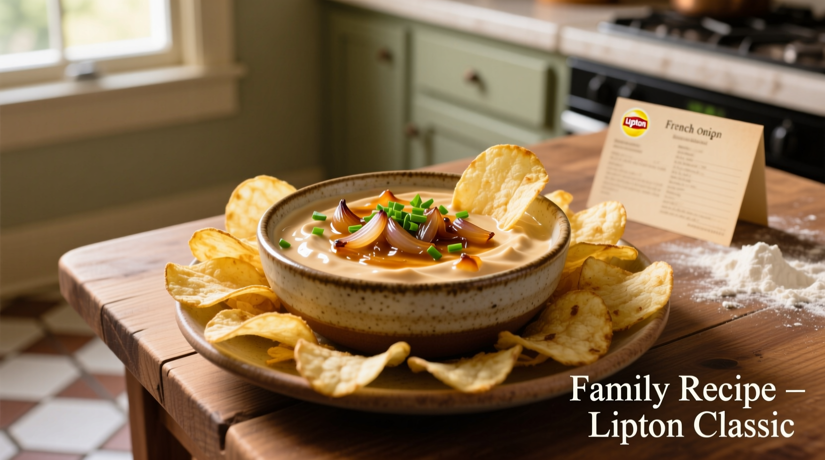 Homemade Lipton French onion dip in bowl with chips