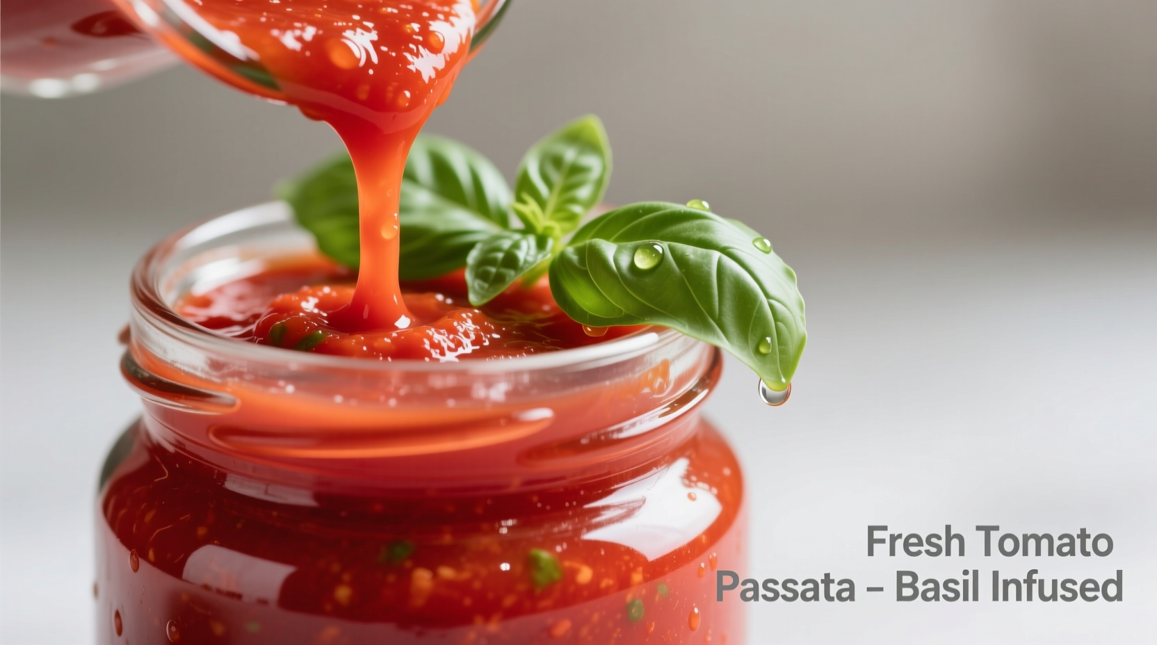 Fresh tomato passata in glass jar with basil