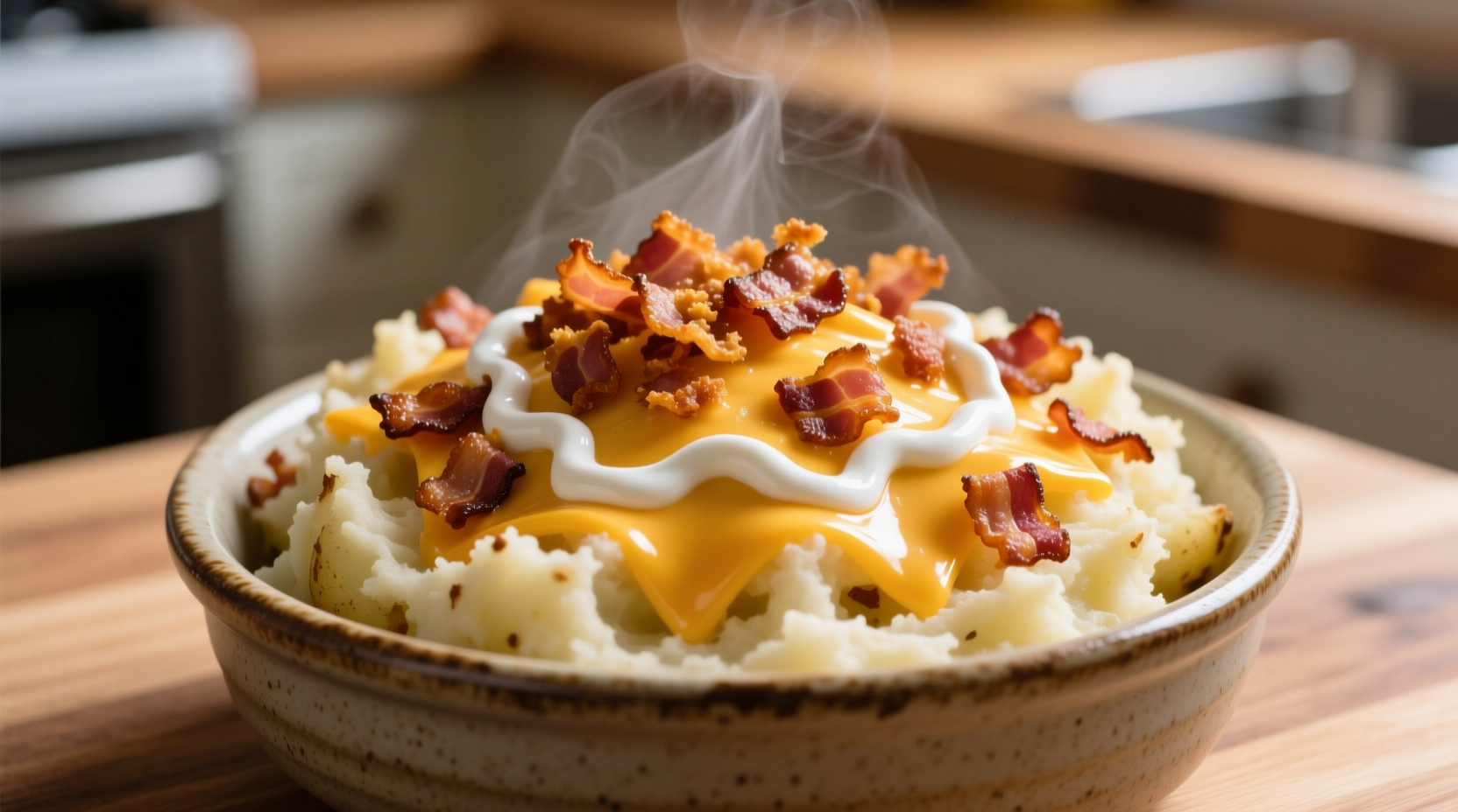 Creamy loaded mashed potatoes with bacon and cheddar