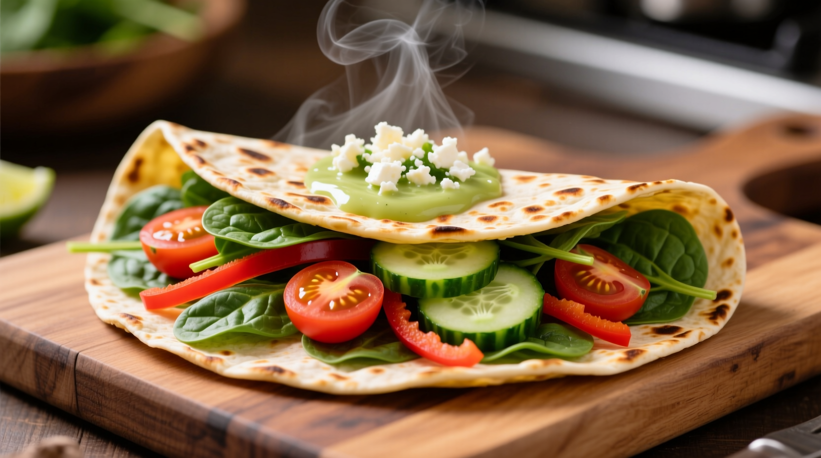 Spinach tortilla with fresh vegetables