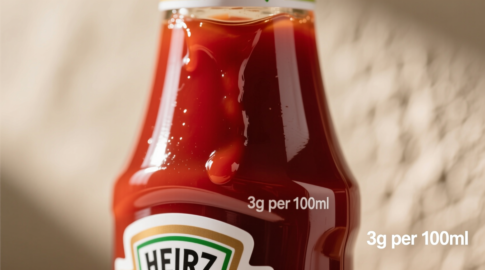 Close-up of ketchup bottle with sugar measurement