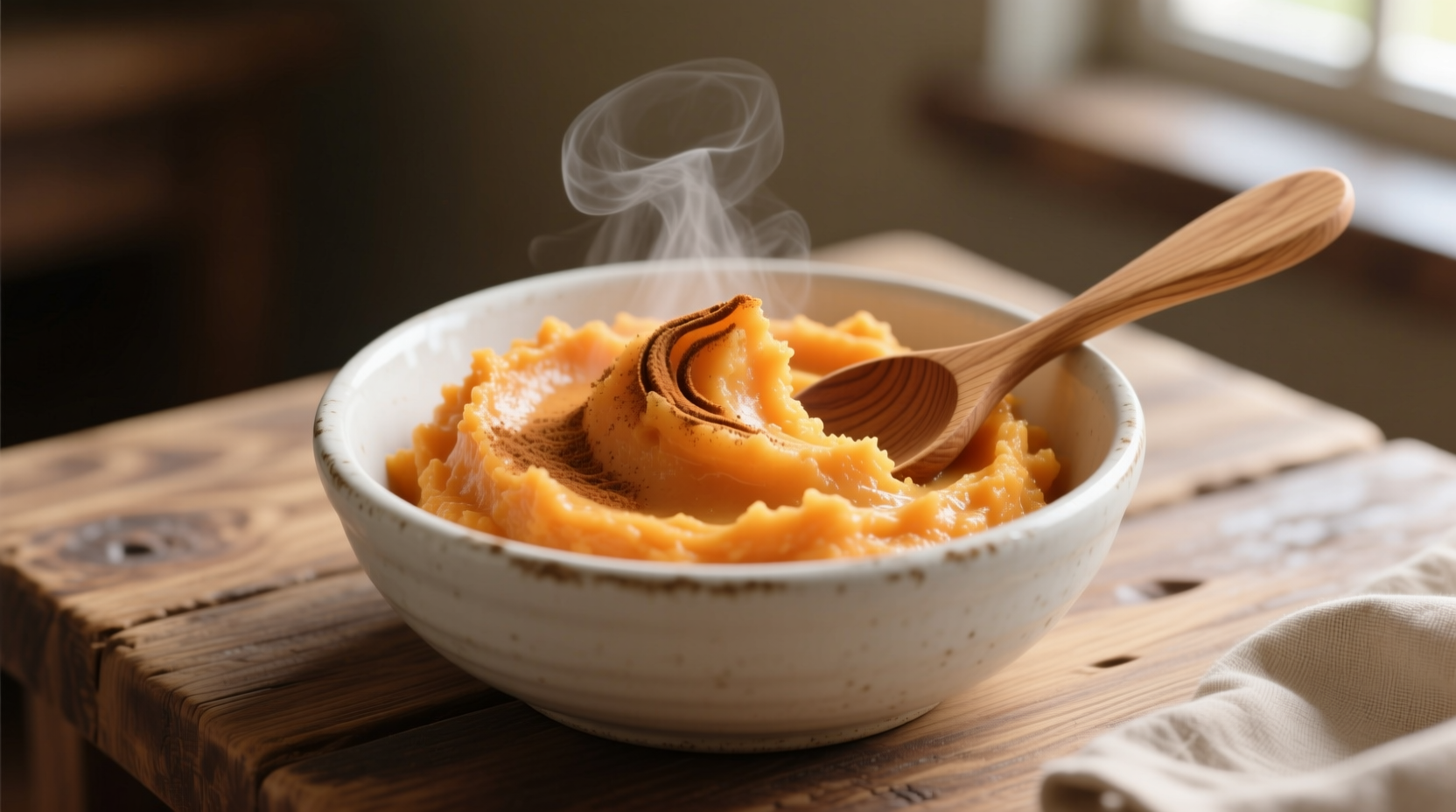 Creamy sweet potato mash in white bowl with wooden spoon