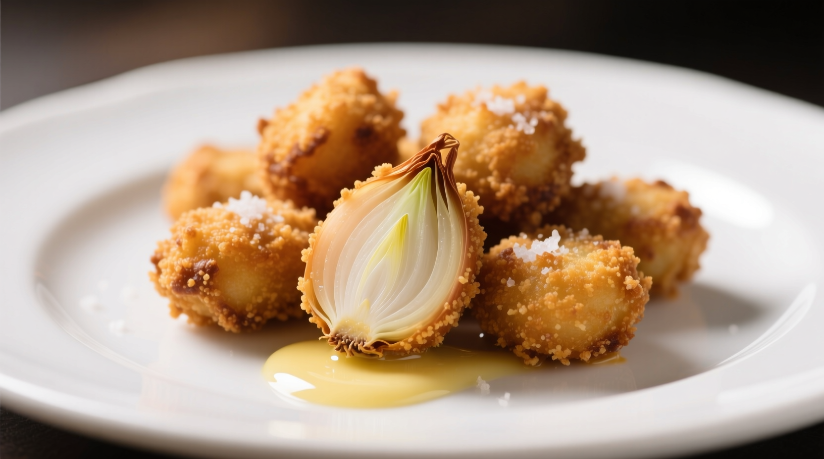 Golden brown onion nuggets on a white plate