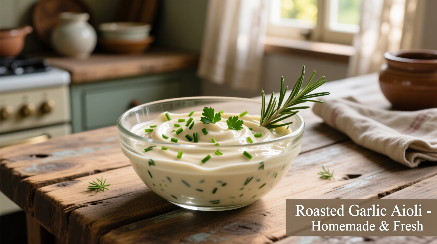 Creamy roasted garlic aioli in glass bowl with fresh herbs