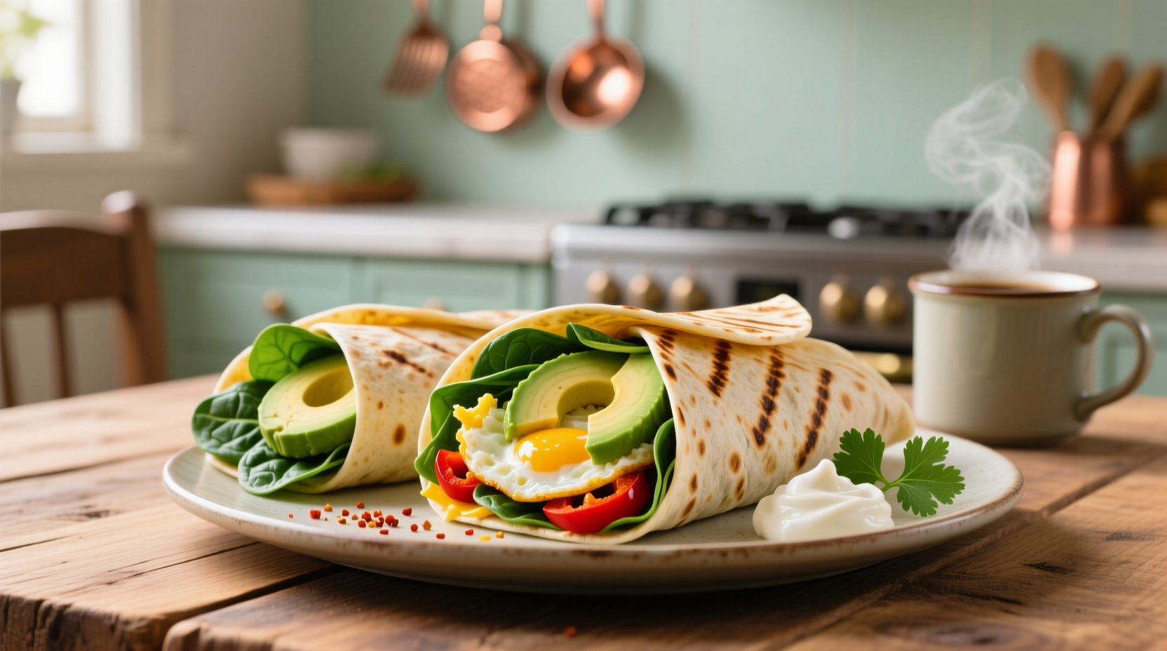 Colorful spinach breakfast burritos with avocado