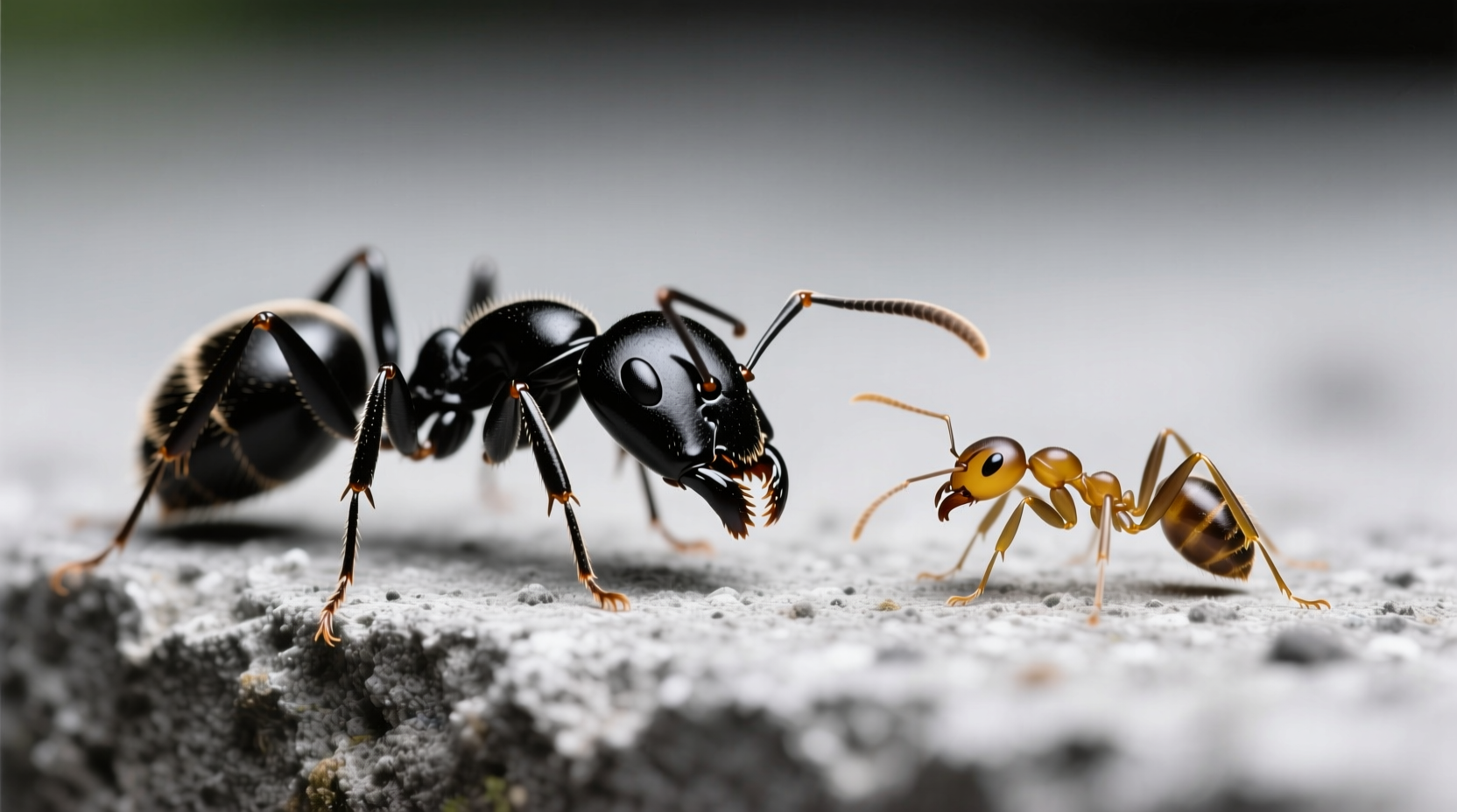 Close-up comparison of black garden ant vs pharaoh ant