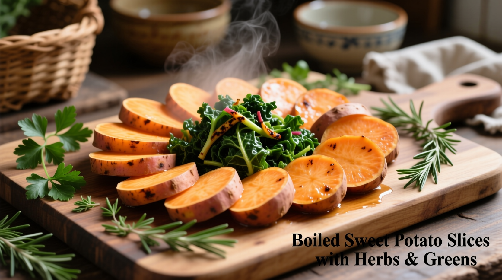 Boiled sweet potato slices with herbs and greens