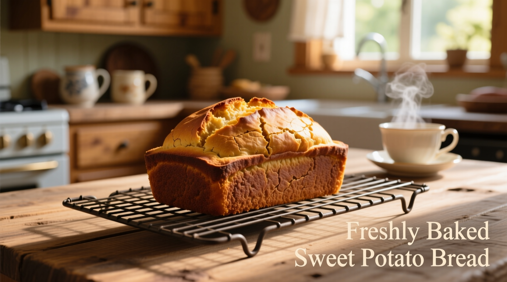 Golden brown sweet potato bread cooling on wire rack