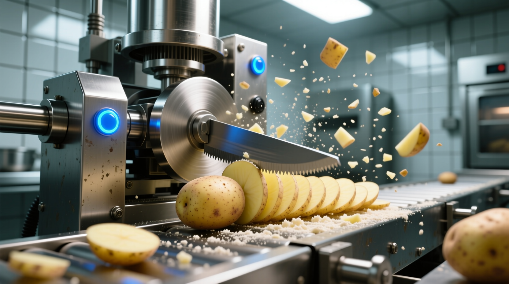 Professional potato cutter machine in action
