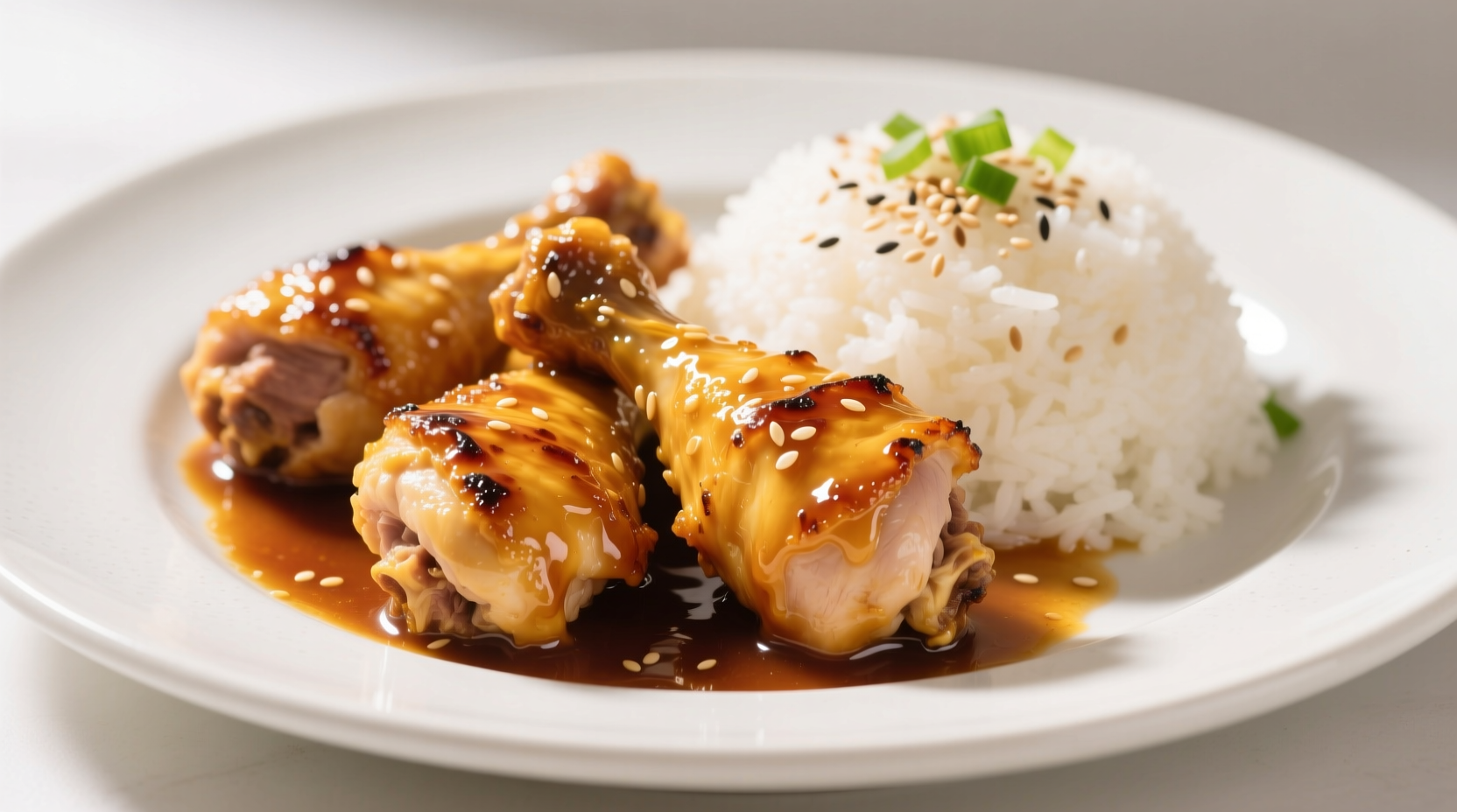 Golden honey garlic chicken with rice on white plate