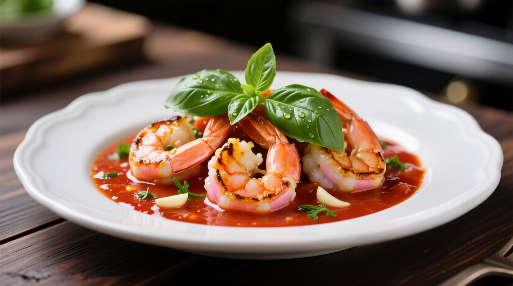 Plated shrimp in tomato sauce with fresh basil garnish