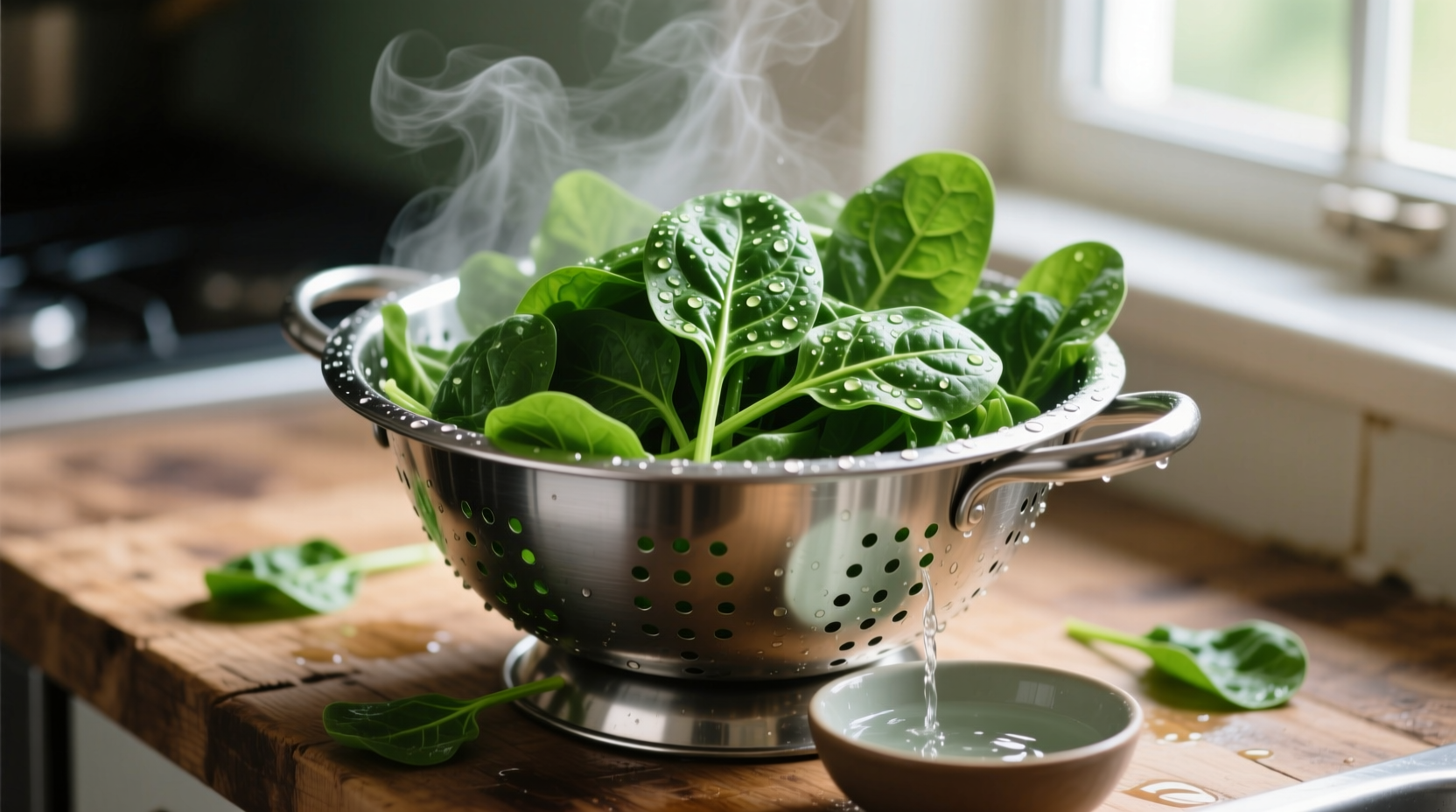 Fresh boiled spinach in colander