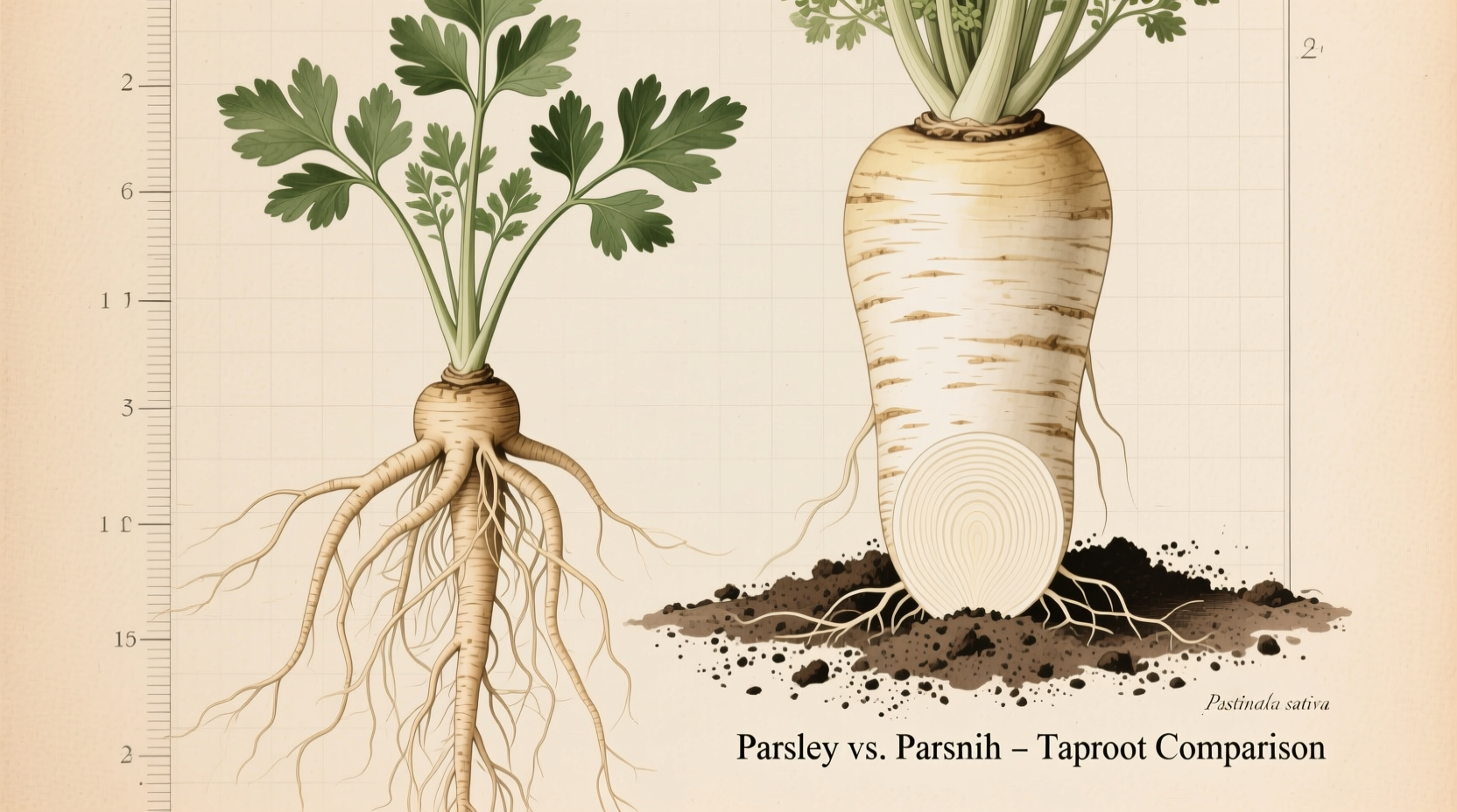 Parsley plant showing thin taproot versus parsnip's thick edible root