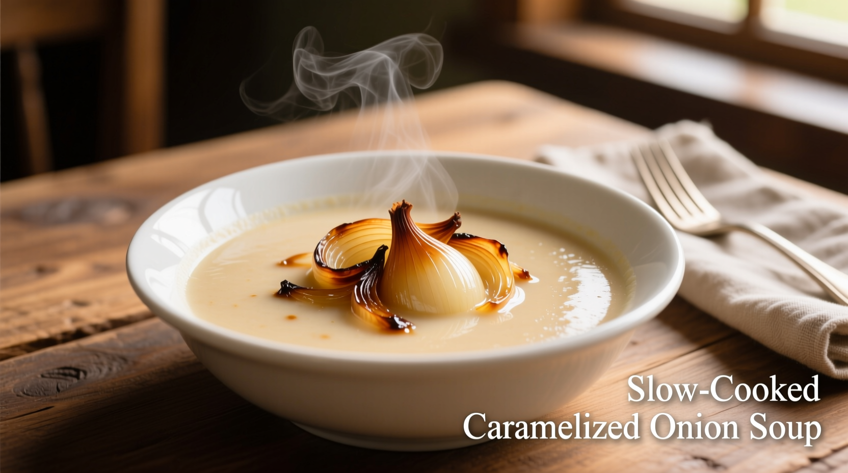 Creamy onion soup in white bowl with caramelized onions