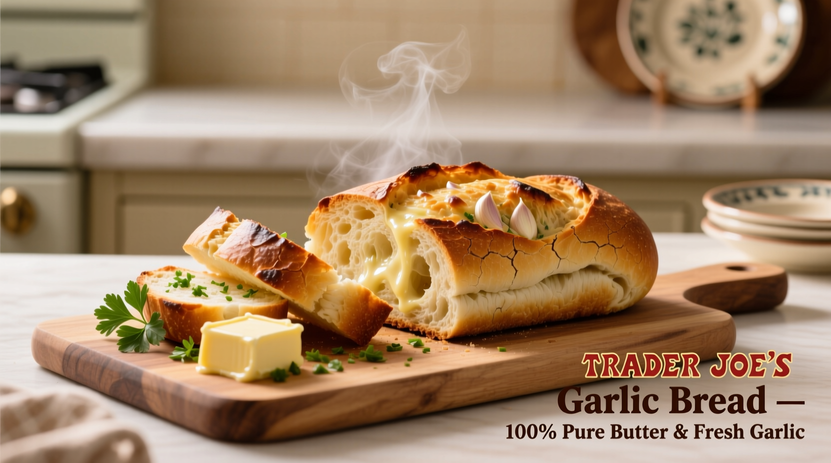 Perfectly baked Trader Joe's garlic bread with golden crust