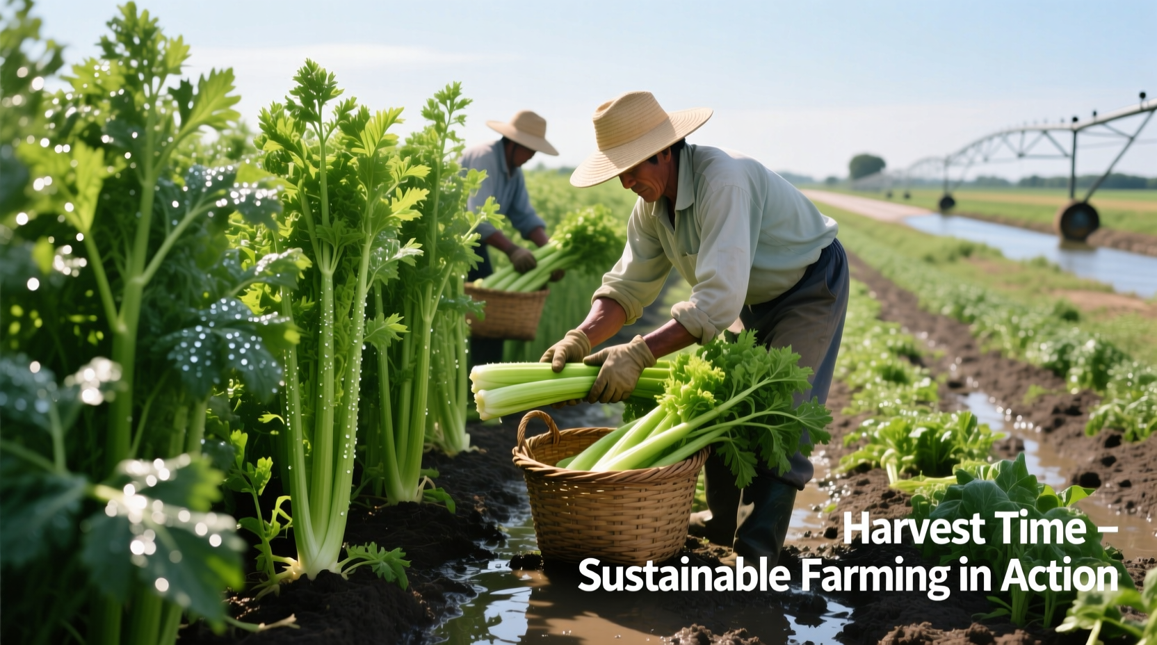 Celery plants growing in well-irrigated field with workers harvesting