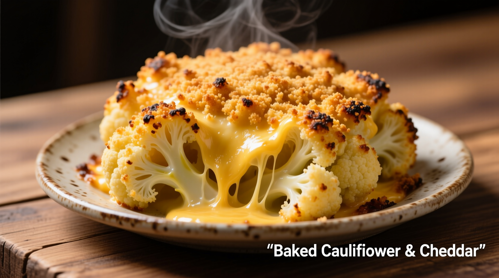 Golden baked cauliflower cheese with crispy breadcrumb topping