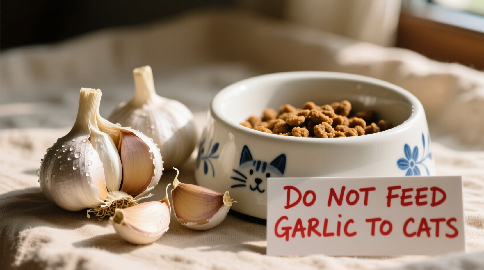 Garlic cloves next to cat food bowl with warning