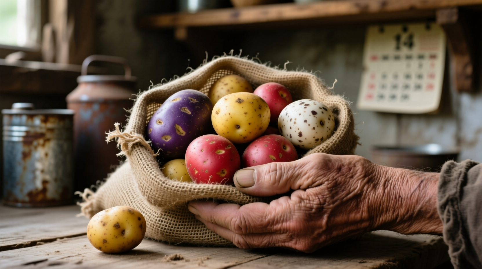 Hand holding colorful heirloom potatoes in burlap