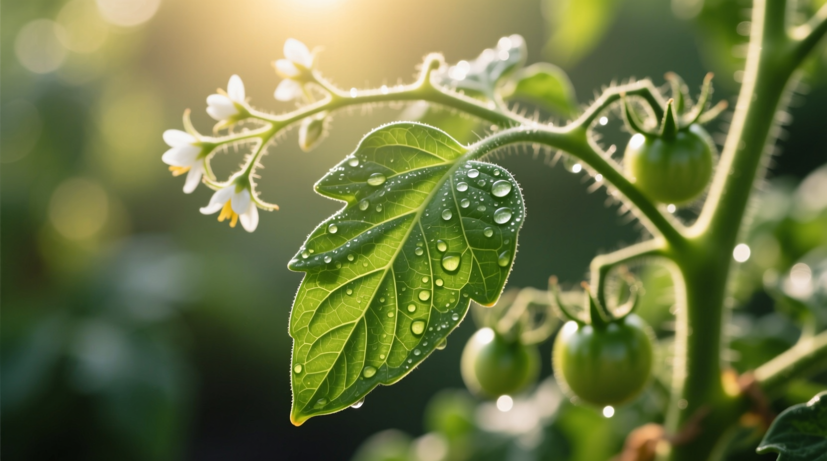 Fresh tomato leaves on vine closeup