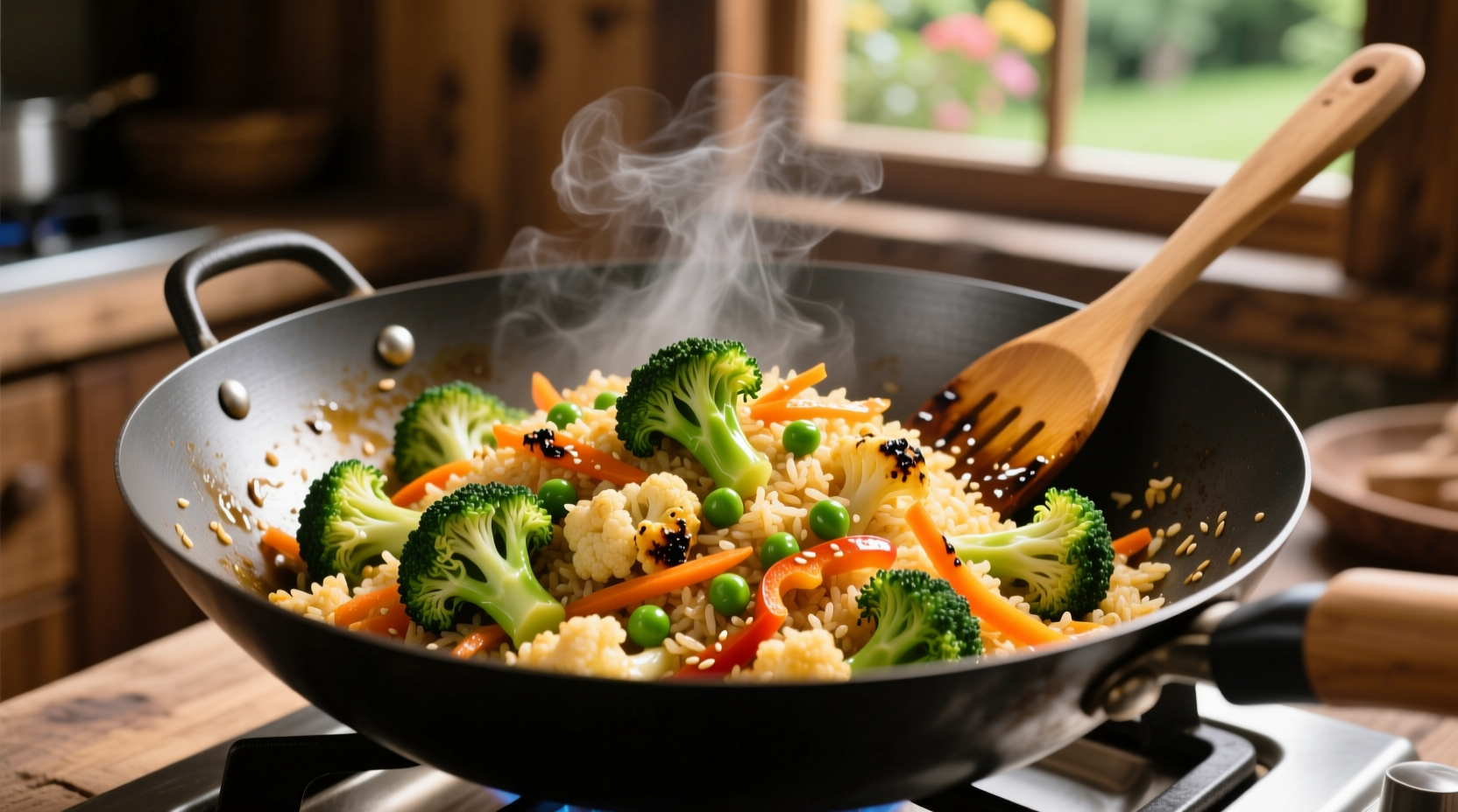 Golden cauliflower fried rice with vegetables in wok