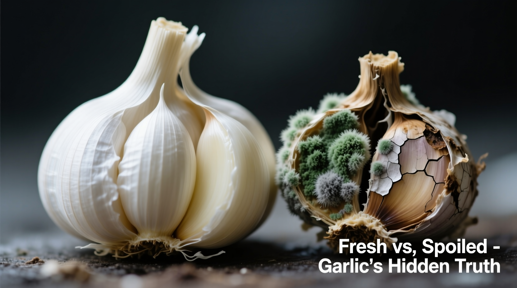 Close-up of fresh garlic cloves next to spoiled garlic with visible mold