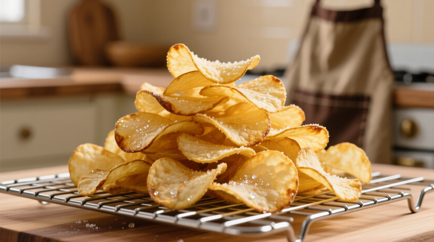 Golden crispy homemade potato chips on wire rack
