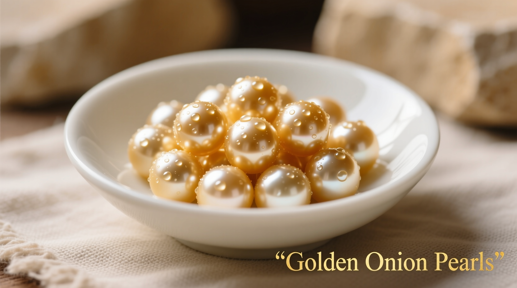 Perfect golden onion pearls in a white bowl