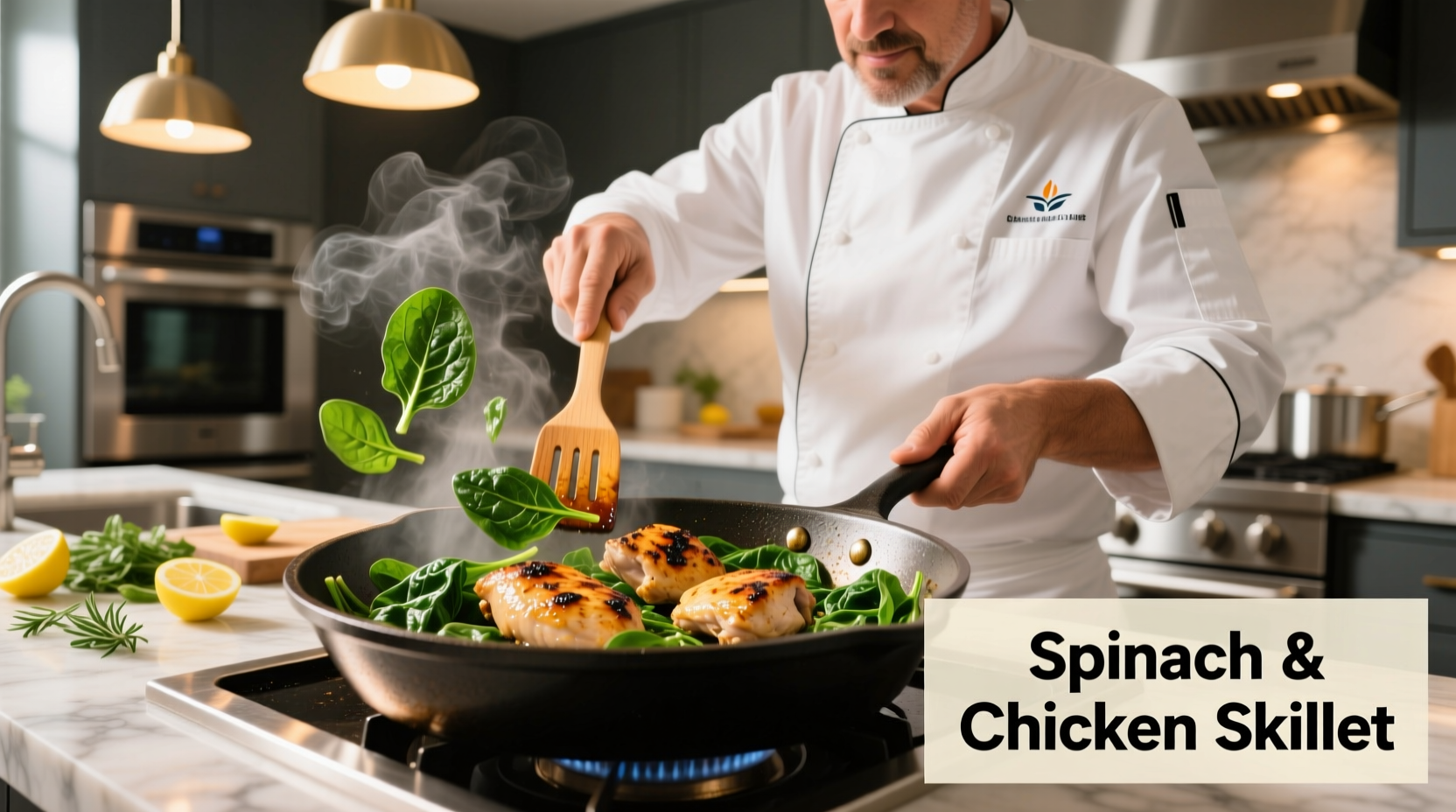 Chef preparing spinach and chicken skillet recipe