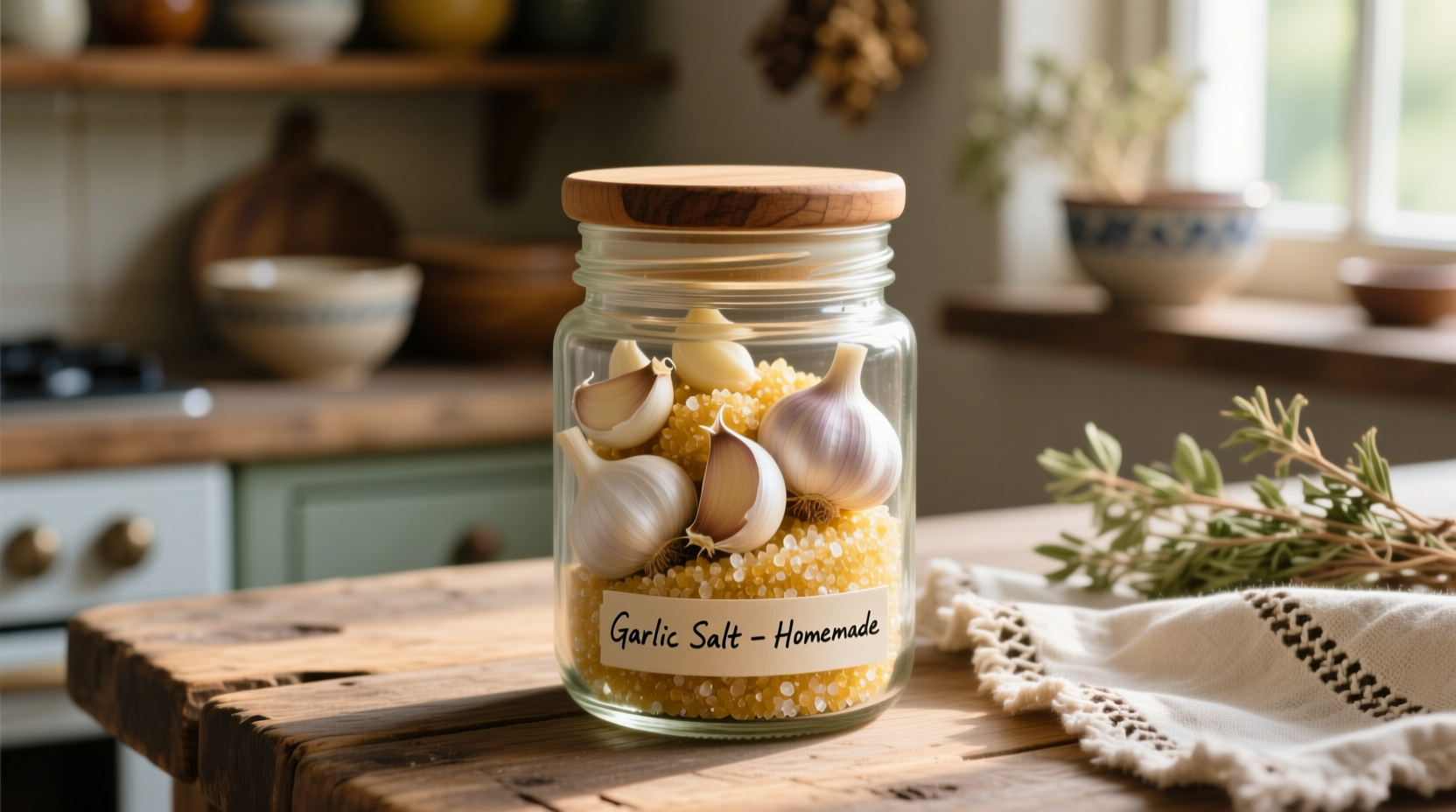 Homemade garlic salt in glass jar with fresh garlic cloves