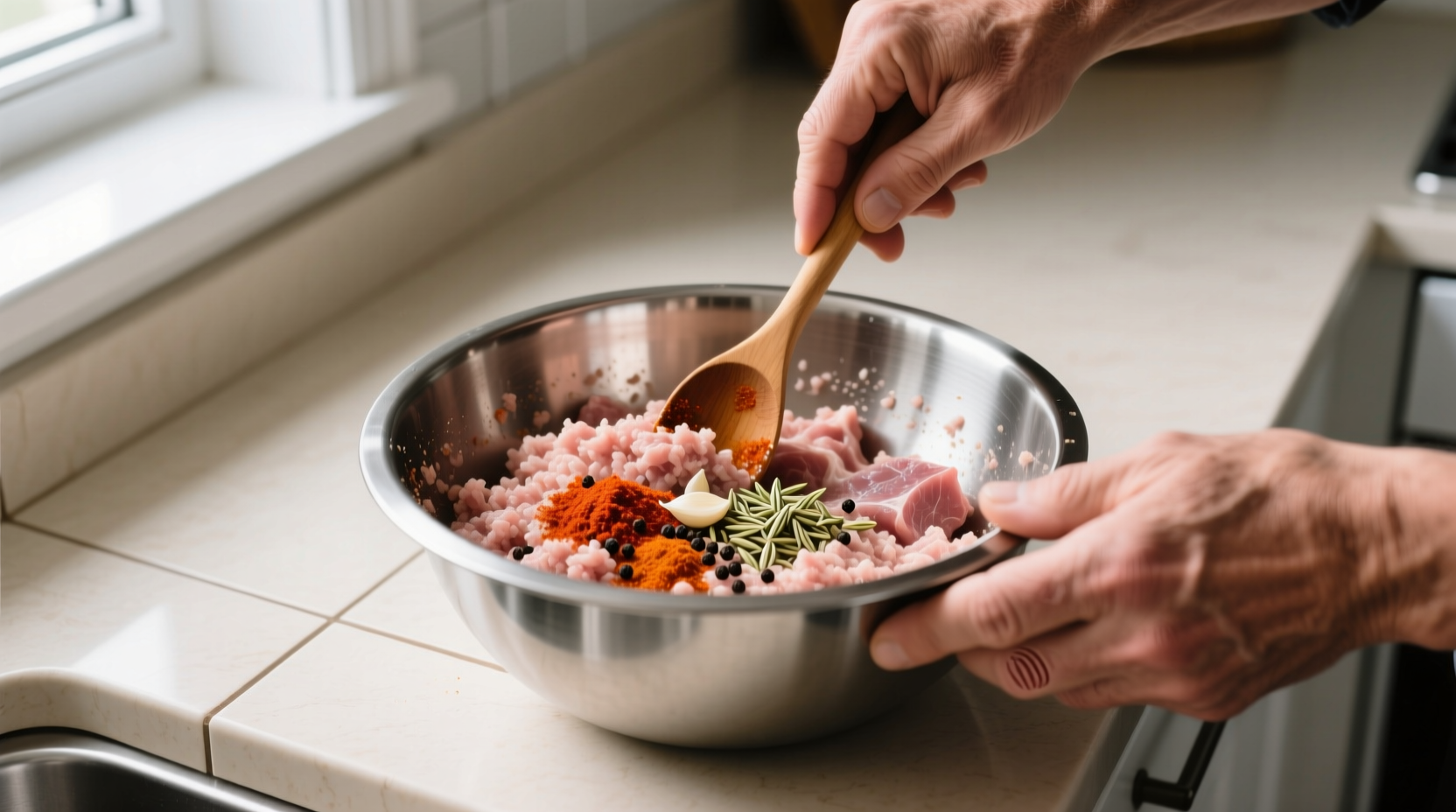 Hands mixing ground pork and spices in stainless steel bowl