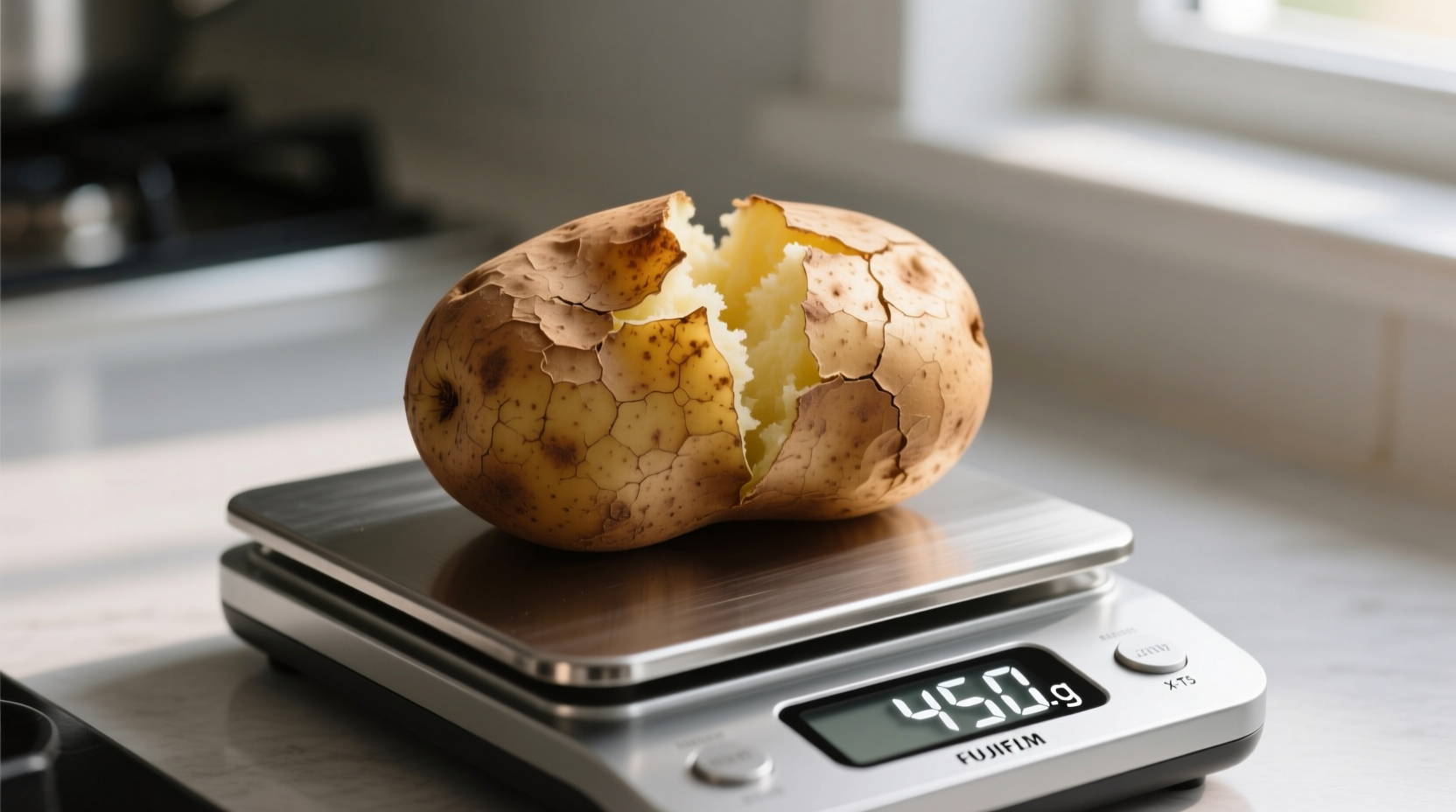 Medium baked potato with skin on a kitchen scale