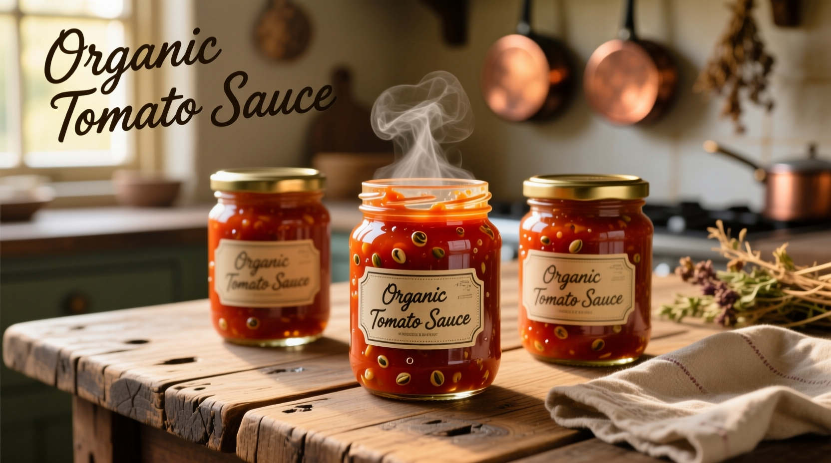 Three jars of premium tomato sauce on wooden table
