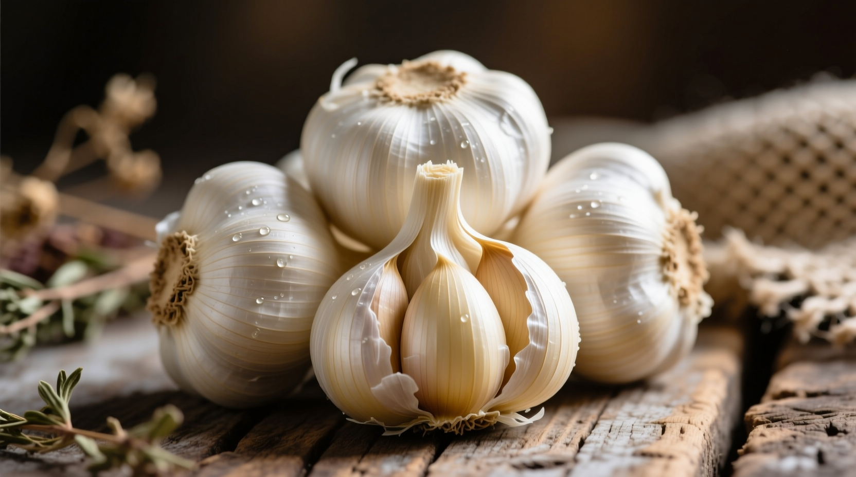 Fresh garlic heads with papery skin intact