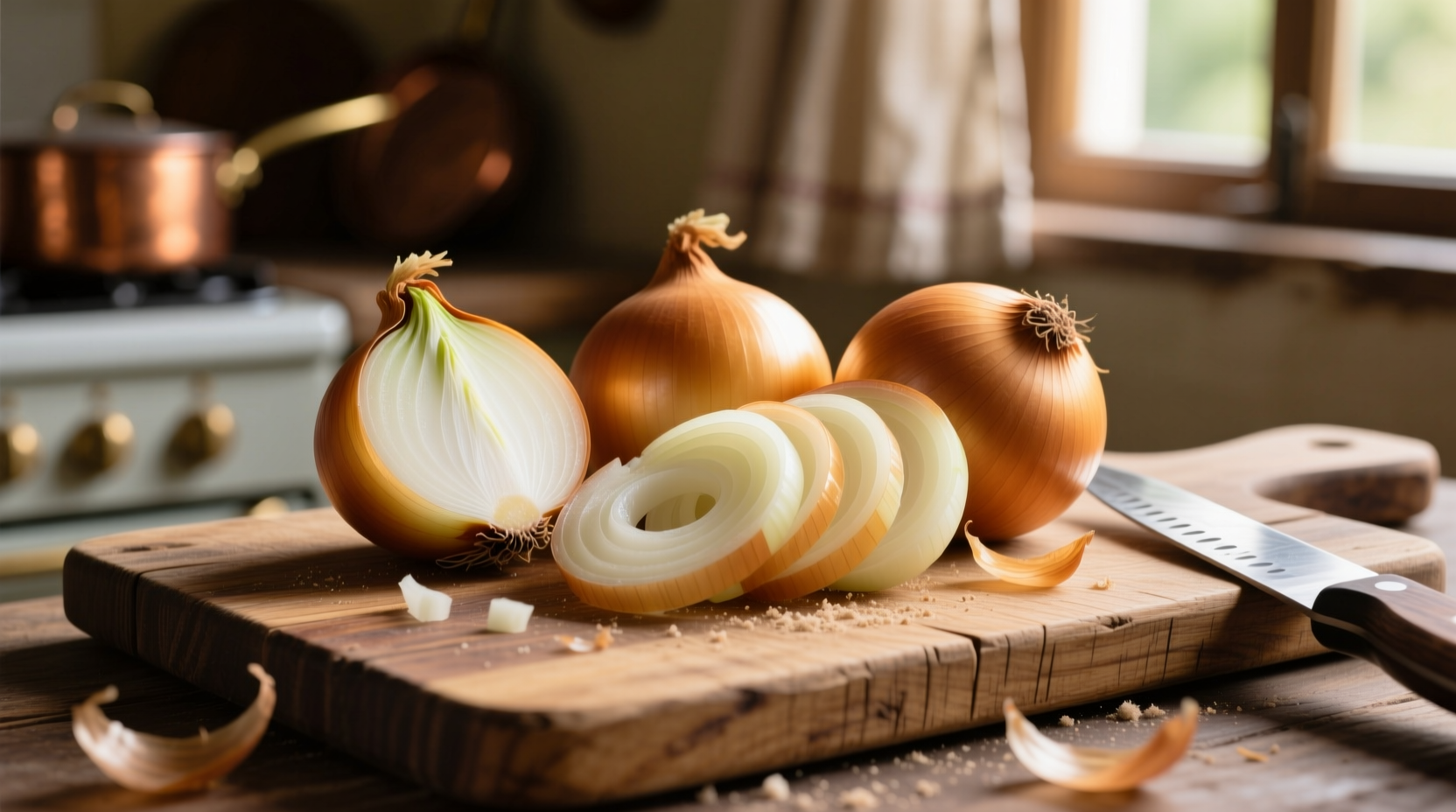 Fresh Spanish onions with golden skin on wooden cutting board