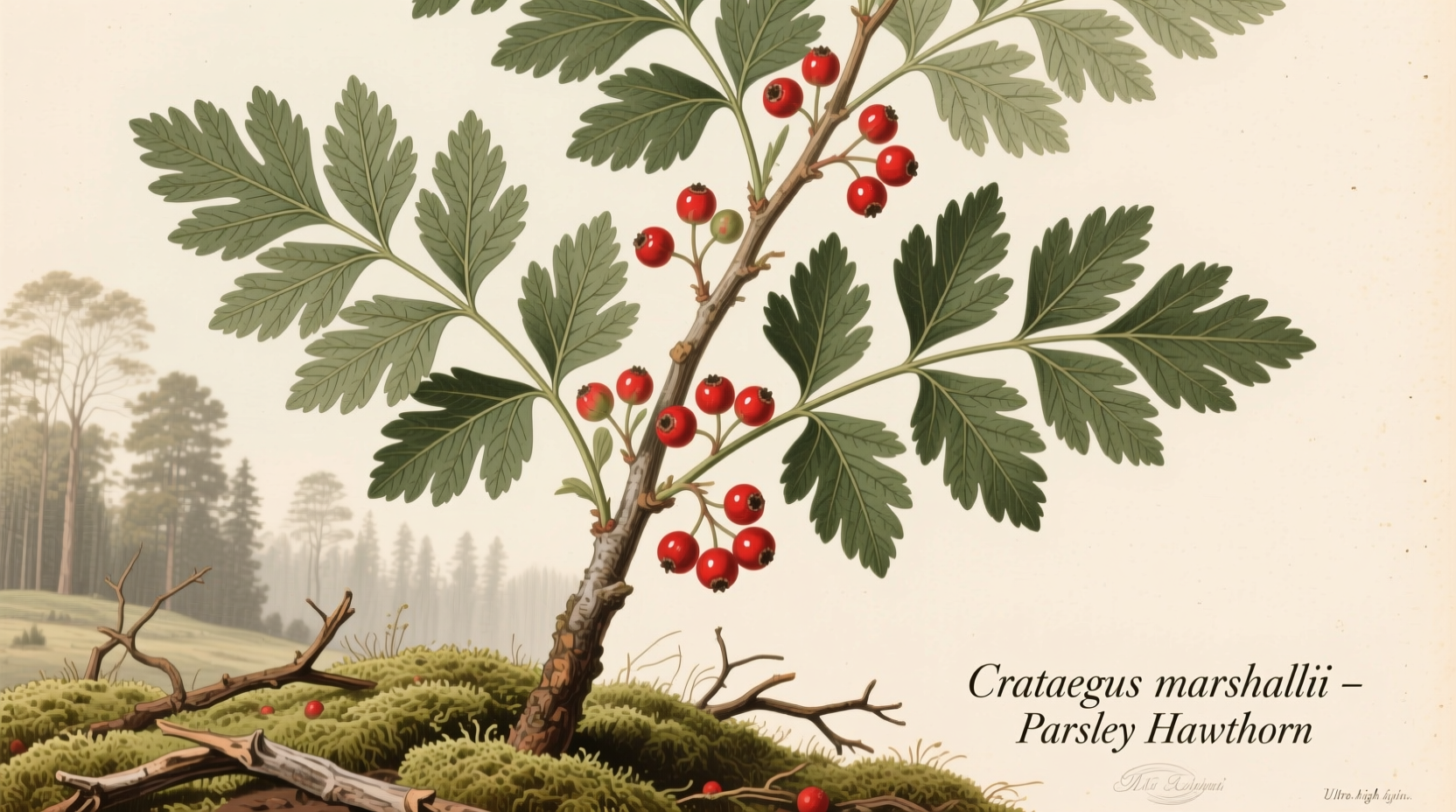 Parsley hawthorn tree showing distinctive leaf shape and berries