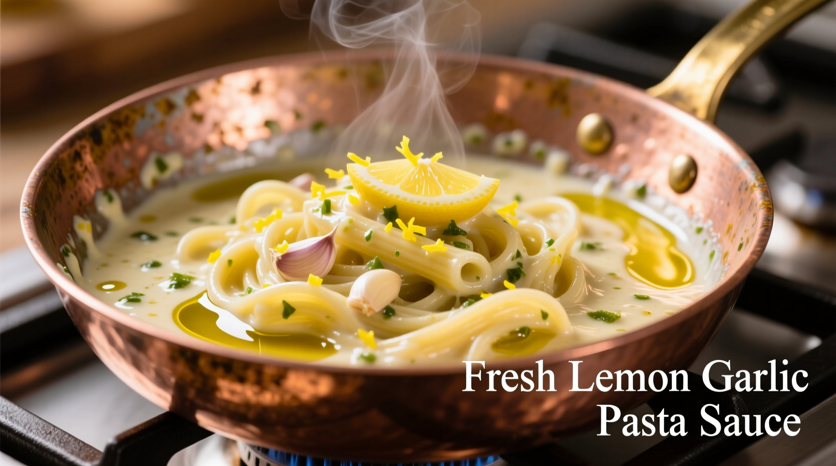 Fresh lemon garlic pasta sauce in copper pan