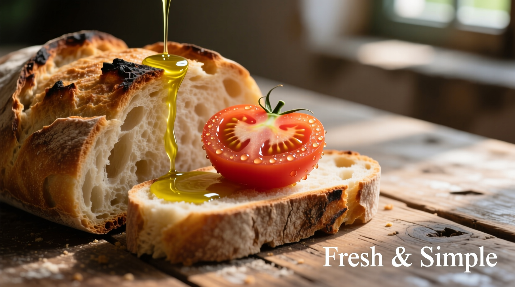 Fresh tomato rubbed on crusty bread with olive oil drizzle