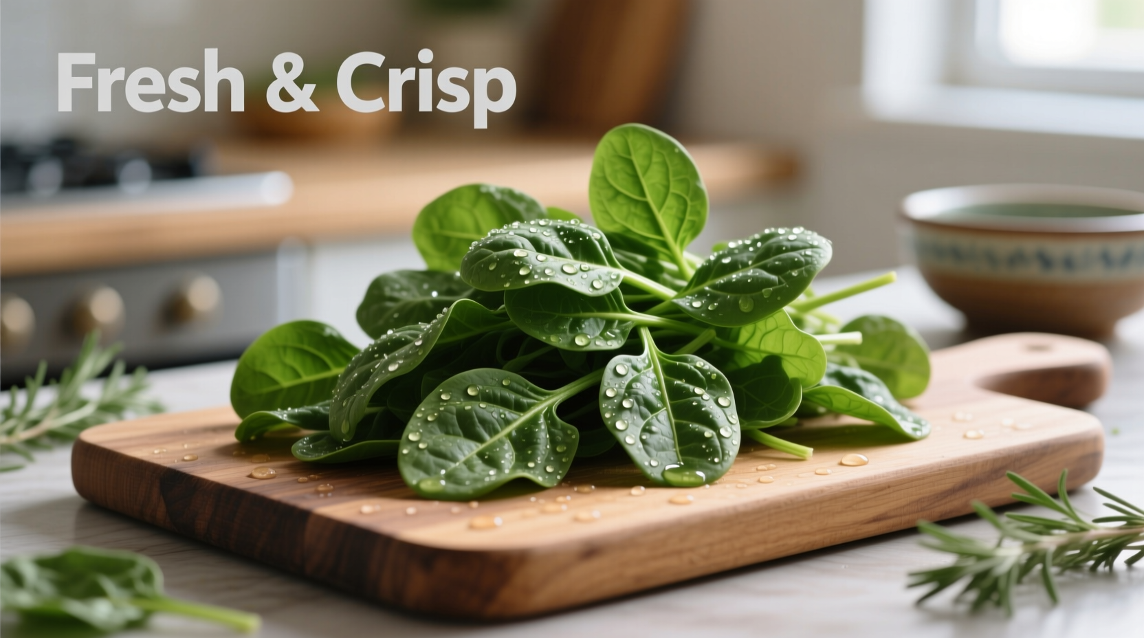 Fresh spinach leaves on cutting board